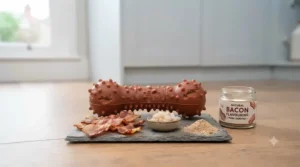 Natural bacon-flavoured dog chew toy displayed alongside real pork ingredients.