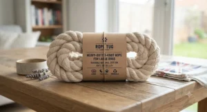 The finished 3-knot rope tug for large dogs packaged sustainably for UK delivery.