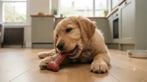 Close-up of a golden retriever puppy chewing on a natural, long-lasting flavoured bone suitable for fussy eaters.