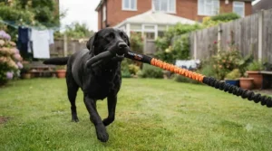 A happy dog playing safely with a bungee rope tug for tug of war in a typical British back garden.