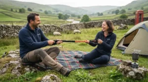 Friends playing with a portable bungee rope tug for tug of war during a weekend camping trip in the UK countryside.