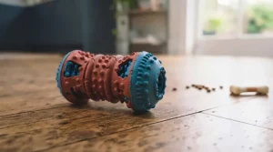 A top-down flat lay showing three different textured and flavoured dog chews priced affordably for UK pet owners.