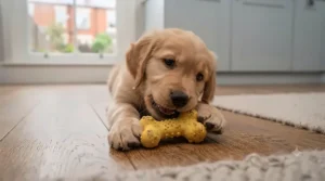 A small puppy playing with a chicken-flavoured rubber chew toy indoors.