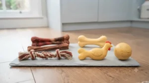 A selection of bacon and chicken flavoured dog chew toys laid out on a wooden floor.