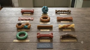 A flatlay showing different textured chew toys with beef, bacon, and cheese flavours to suit varying dog preferences.