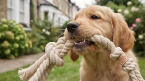 A cute puppy playing with a durable cotton rope tug toy during a training session in a British garden