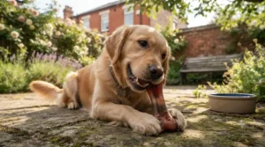 Golden Retriever happily chewing on a bacon-flavoured nylon bone in the garden.
