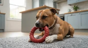Close-up of a dog safely chewing on a heavy-duty rubber tug toy, highlighting resilient materials for strong chewers.