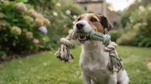 Dog enjoying a textured rope tug toy that helps promote healthy gums and teeth