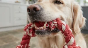 Illustrated view of a dog's teeth cleaning naturally while playing with a textured top rope tug toy.