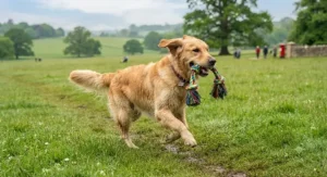 A dog running across a grassy park in the UK to fetch a colourful top rope tug toy.