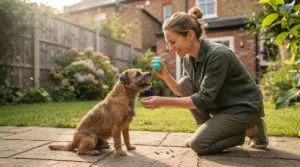 A smiling owner in a back garden using a scented chew toy to reward their rescue dog during a obedience exercise.