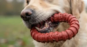 Illustration demonstrating how cotton fibres in a rope tug toy help clean a dog's teeth and remove plaque during play.