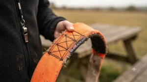 Close-up of a durable British-made fire hose dog tug toy showing reinforced stitching.