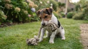 Puppy chewing safely on a natural cotton rope tug toy