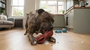 A sturdy, peanut-butter-scented rubber chew toy being thoroughly tested by a staffie mix during an indoor training session.