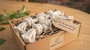 Eco-friendly packaging for a durable multi-knot rope tug toy, making it an ideal gift for dog lovers