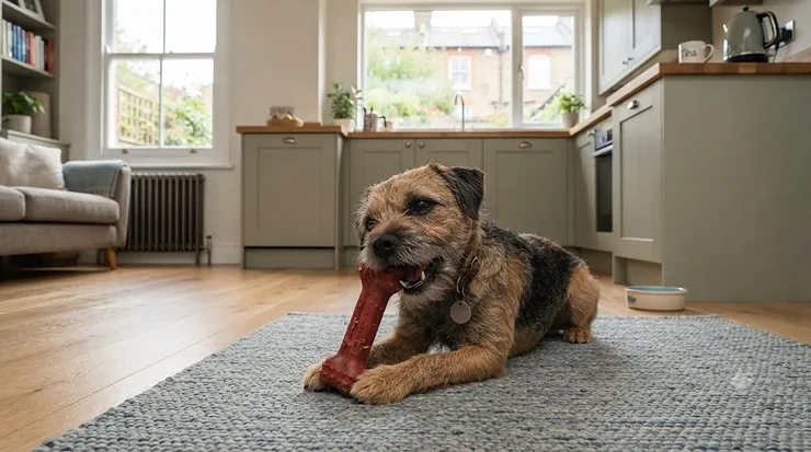 A small terrier happily playing with a durable, flavoured chew toy designed for fussy dogs in a modern living room. flavoured chew toys for picky dogs