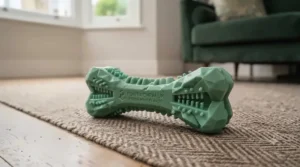 A bacon-flavoured dental chew toy with textured ridges to help clean teeth and freshen breath.