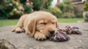 Content puppy resting happily next to its favourite training rope tug.