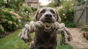 Large breed dog holding a heavy-duty multi-knot rope tug toy