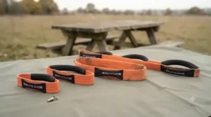 Range of professional dog tug toys in various sizes lined up for working breeds.