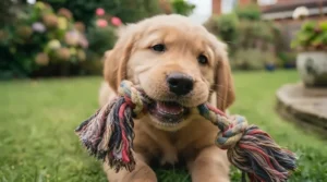 Owner gently teaching a puppy the 'drop' command using a training rope tug.