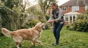 An owner and a large dog enjoying interactive bonding time with a rope tug toy.
