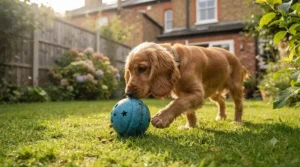 A spaniel rolling a blue interactive treat-dispenser toy across the lawn to encourage slow feeding and engagement.