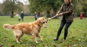 A happy large dog playing tug-of-war with a sturdy 3-knot cotton rope toy.