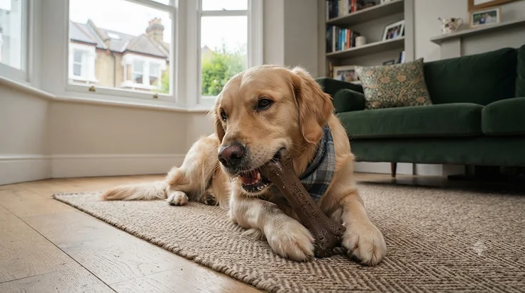 A happy dog chewing on a durable, flavoured chew toy in a living room, highlighting long-lasting dog toys designed for heavy chewers. long-lasting flavoured chew toys for dogs