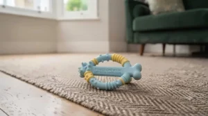 A small, flexible, flavoured puppy teething toy suitable for soothing sore gums during training.