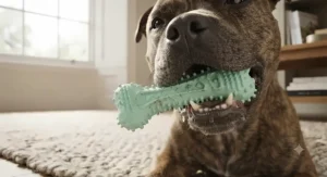Small puppy happily playing with a soft mint-flavoured dog chew toy designed for teething.