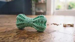 A green, mint-flavoured rubber dental toy with textured ridges to help clean a dog's teeth and freshen breath.