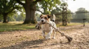 Energetic dog fetching a long multi-knot rope tug toy during a walk in the park