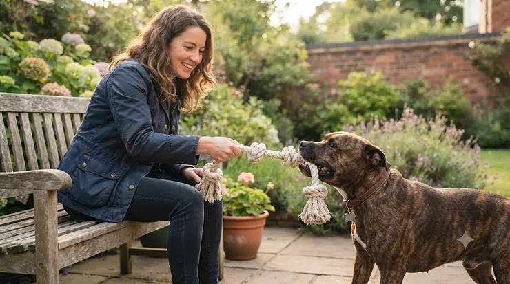 A durable multi-knot rope tug toy designed for aggressive chewers, showing a sturdy canine grip during a strong game of tug-of-war multi-knot rope tug for aggressive chewers