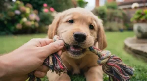 Happy owner playing a gentle game of tug of war with a puppy using a soft rope toy.