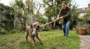 Dog owner engaging in a friendly game of tug-of-war with their pet using a long, braided rope tug toy outdoors in a British garden.