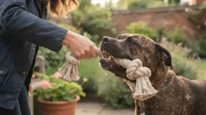 A dog owner enjoying an interactive game of tug-of-war with their pet using a tough multi-knot rope toy