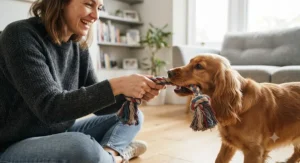 A dog owner engaged in an interactive game of tug-of-war using a secure top rope tug toy.