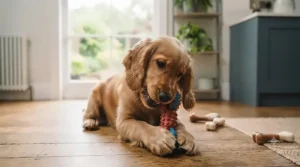 A small golden retriever puppy happily chewing on a safe, bacon-flavoured rubber toy in a living room.
