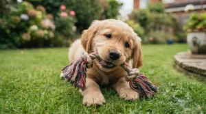 Small terrier puppy gripping a colourful cotton training rope tug toy.