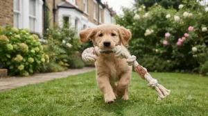 Illustrated guide demonstrating correct interactive tug-of-war play techniques with a young puppy