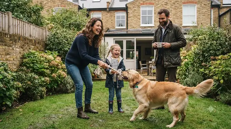 A dog happily playing with a durable rope tug toy next to a modern rubber tug ring in a British living room, comparing dog toy durability. rope tug vs rubber tug toy for dogs
