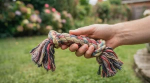 Natural cotton fibres of a puppy training rope tug designed for safe play.