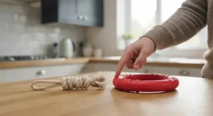 Comparison layout showing a lightweight rope toy for small puppies alongside a robust rubber ring for larger dog breeds.