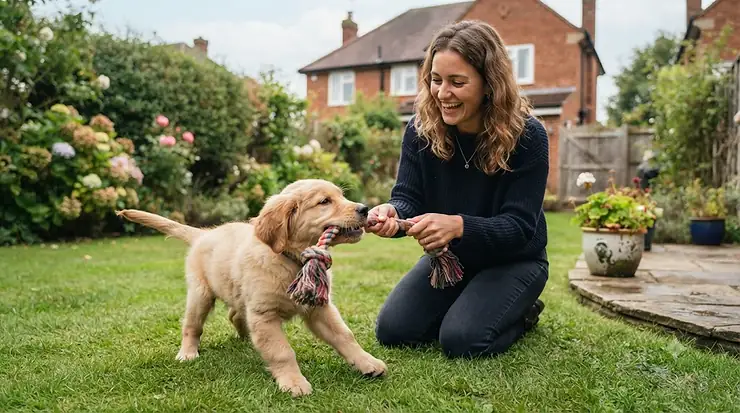 Golden retriever puppy playing with a durable training rope tug in a back garden. training rope tug for puppies