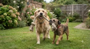Two dogs happily sharing and playing together with a long, heavy-duty top rope tug toy