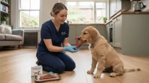 A veterinary nurse holding a poultry-flavoured rubber chew toy recommended for anxious or selective dogs in a UK clinic.