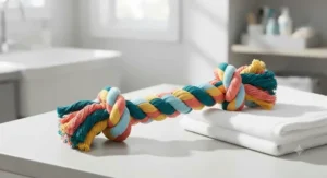 Brightly coloured braided rope tug toy designed for easy machine washing
